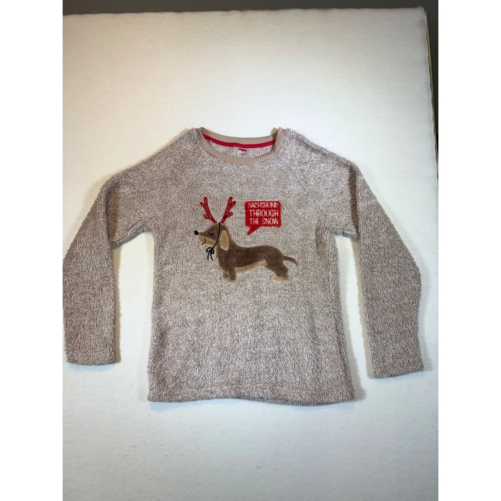 Womens Fuzzy Novelty Christmas Dachshund Through the Snow Sweater